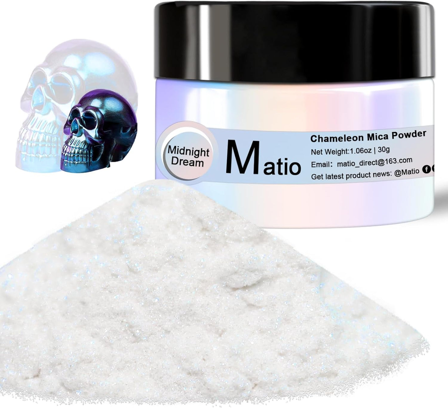Matio Chameleon Mica Powder, 1.06oz/ 30g Midnight Dream White Chrome Powder, Pearlescent Effect Color Shift Pigment for Resin Craft, Soap Candle Dye, Nail Art, Makeup, Bath Bomb,Paint,Slime Pigment