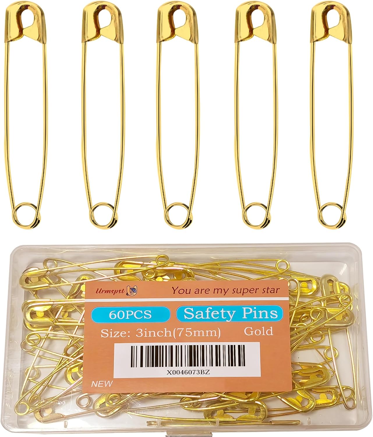 60PCS Safety Pins, 3 inch Large Safety Pins, Rust-Resistant Nickel Plated Steel, Sharp Edge Safety Pin for Clothes, Sewing, Arts & Craft, 75mm Decorative SafetyPins (Gold)