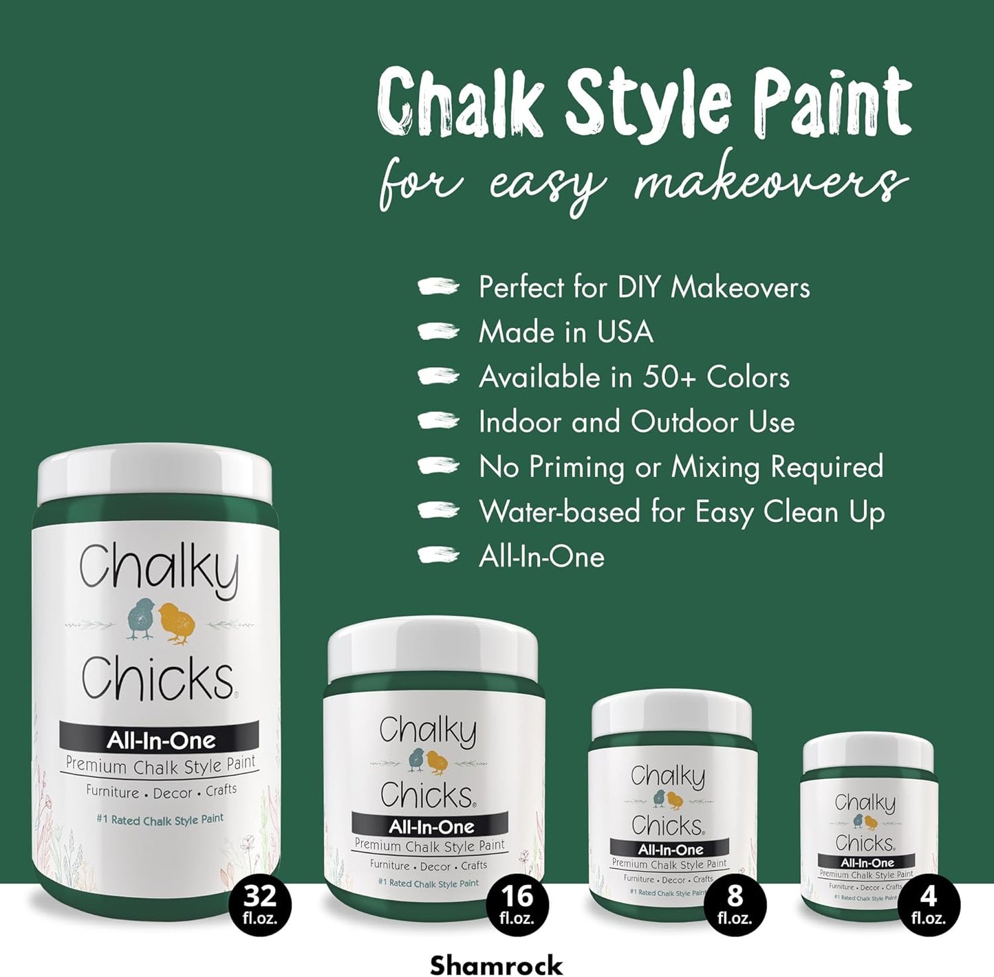 Chalky Chicks All-in-One Chalk Paint for Furniture or Cabinet - 4 Fl Oz - Matte Finish Shamrock (Dark Green) for Metal, Wood Furniture Paint - No Sanding All-in-One for Home Decor & Crafts, USA Made