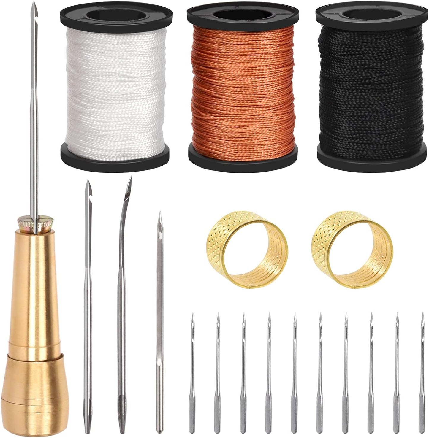Swpeet 10Pcs Portable Copper Handle Canvas Leather Sewing Awl Needle and 3 Colors Nylon Waxed Thread Cord with Thimble Assortment Kit, Leather Sewing Tools for Canvas, Shoe and Leather Repair
