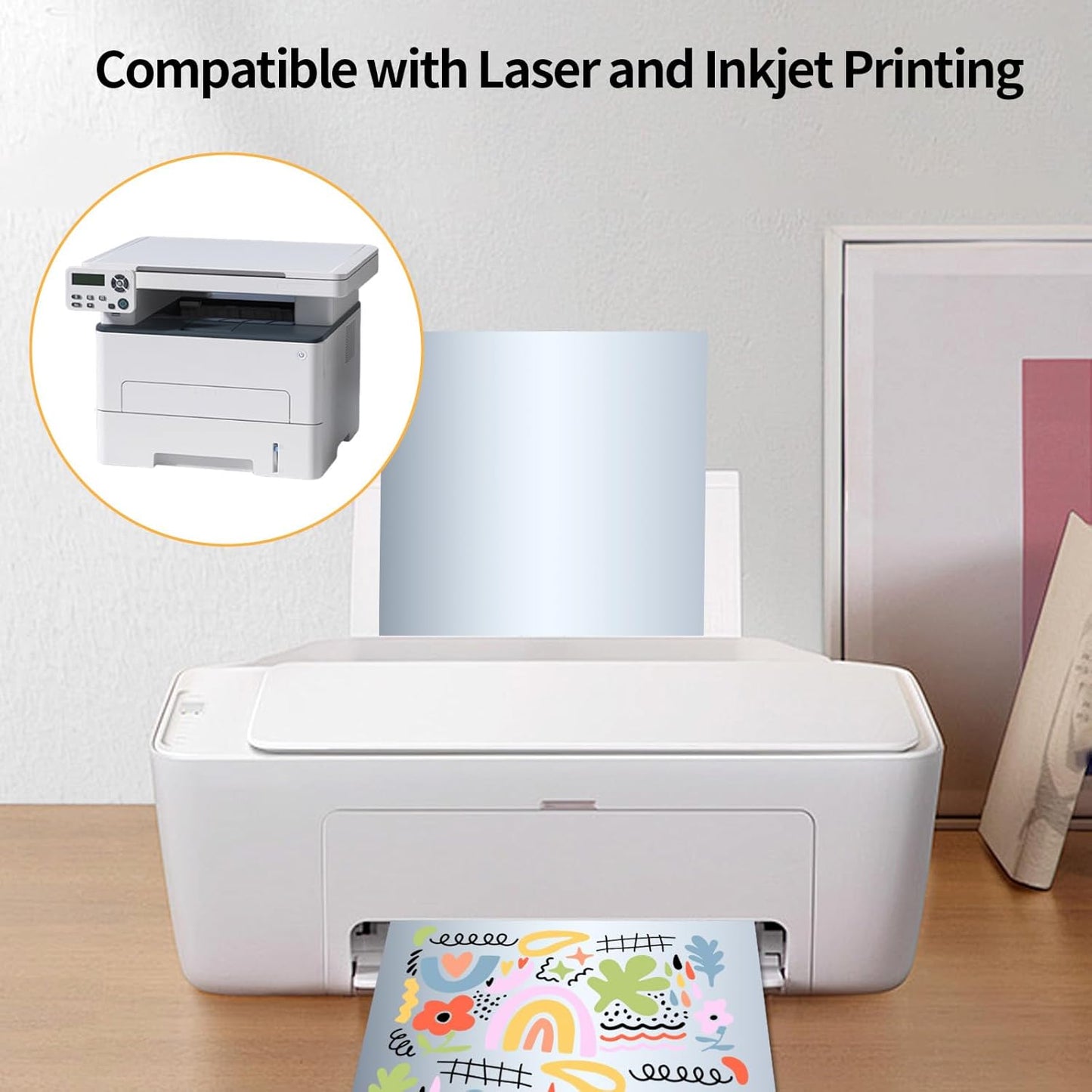 Silver Printable Sticker Paper, 20 Sheets Printable Silver Sticker Paper, Laser/Inkjet Printing-Letter Size (8.5" x 11")