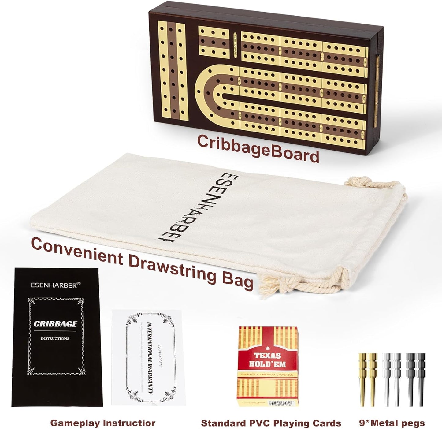 Foldable Wooden Cribbage Board Set - Elegant 3-Track Design with Magnetic Closure, 9 Metal Pegs, Full Deck of Cards, Perfect for Family Game Nights and Travel