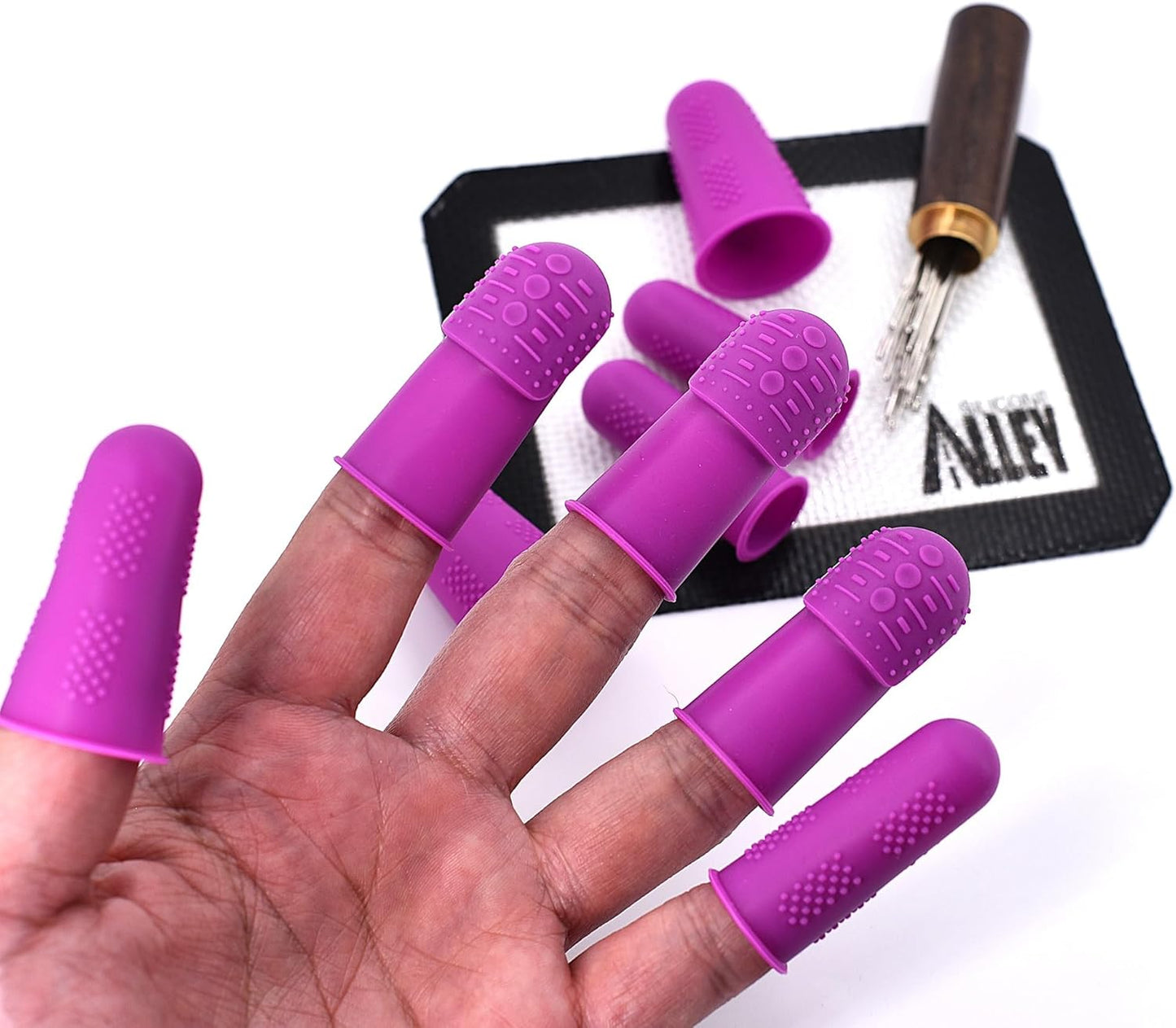 FLEX Thimbles | 9-Pack | 3X-Thick THIK-TIP Medium (3) + Standard Purple Finger Protectors 1x Thick - Small (3) and Large (3) | Mat (1) | Set of Large Eye Sewing Needles (1)