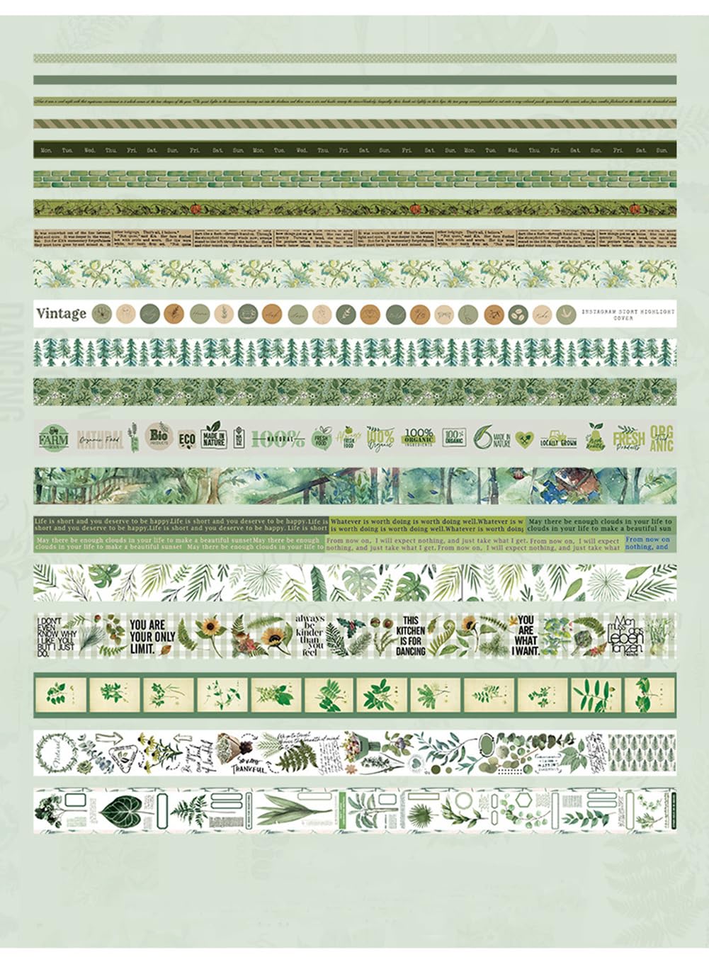 MAFELOE Decorative Vintage Washi Tapes Set 20 Rolls 2 Meters Long, Adhesive Scrapbook Junk Journaling Art Craft Collage Supplies-Forest Dream Series-Green (WT-M4-SLMJ)