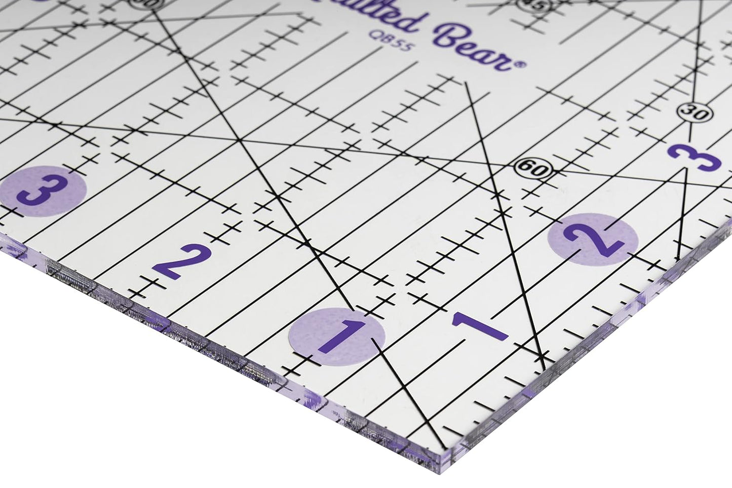 The Quilted Bear Quilting Rulers - Transparent Acrylic Non Slip Quilting, Patchwork & Sewing Ruler with Clear Black Lines & 30, 45 & 60 Degree Angles for Perfect Accuracy & Precision (5" x 5")