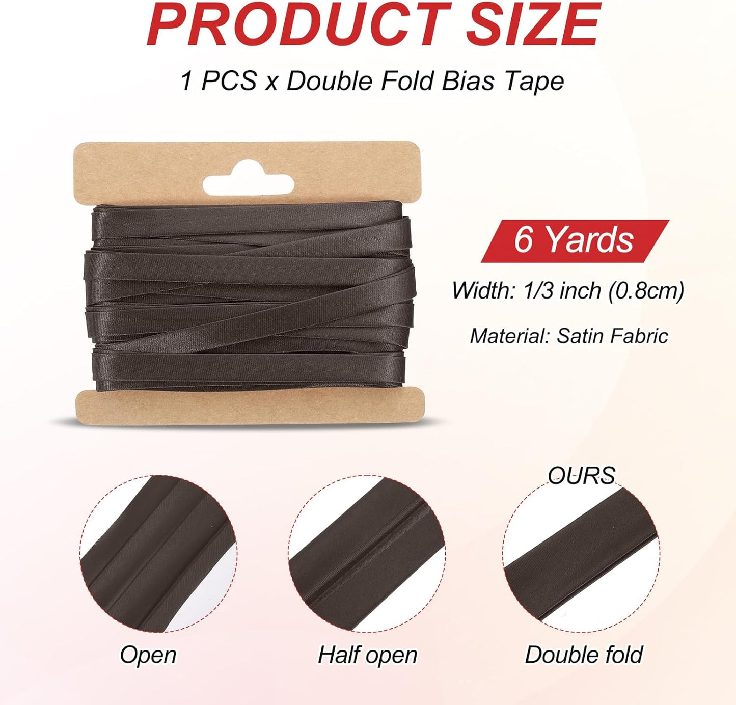MECCANIXITY Double Fold Bias Tape for Sewing 1/3 Inch x 6 Yards Satin Pre-fold Continuous Binding Tape for Seaming Quilting Hemming Binding DIY Crafts, Dark Brown