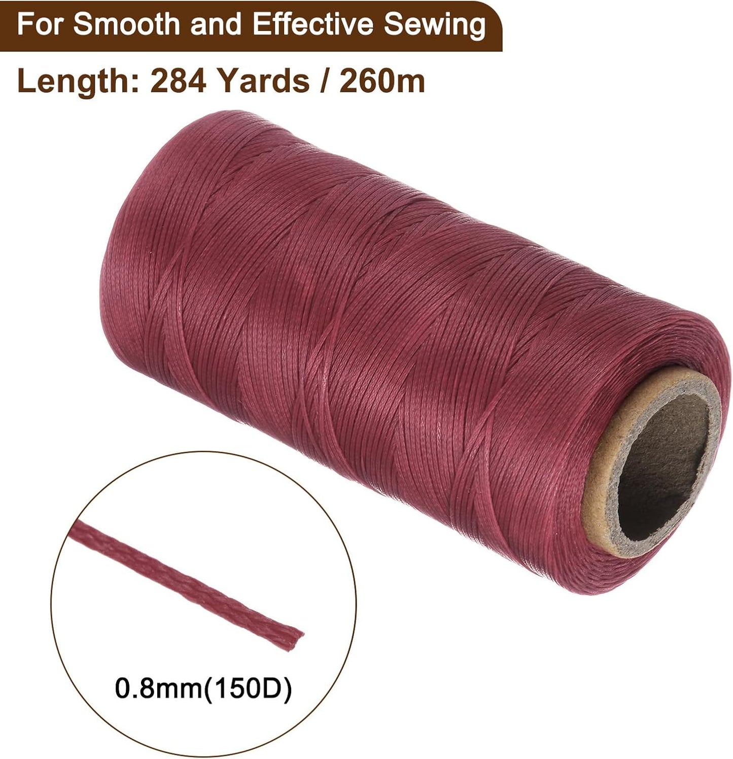 uxcell Leather Sewing Waxed Thread, 284 Yards / 260m 0.8mm 150D Flat Polyester All-Purpose Threads for Leather Crafts, Bookbinding, Wine Red