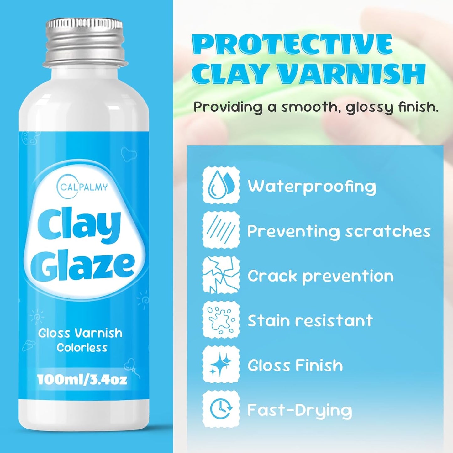 CALPALMY 100ml Gloss Glaze Varnish Kit for Air Dry Clay Sealer, Waterproof, Gloss Finish - Prevent Cracking and Scratches for Clay, Pottery, Ceramics, Acrylic Paint