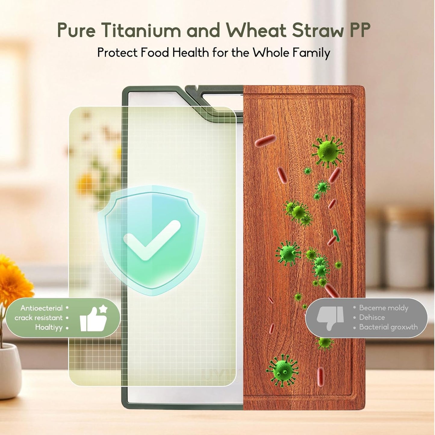 Titanium Cutting Board – Double Sided Cutting Boards for kitchen, Pure Titanium & Wheat Straw PP, Food-Grade Metal Chopping Board, Easy to Clean Large Size 16"x11"