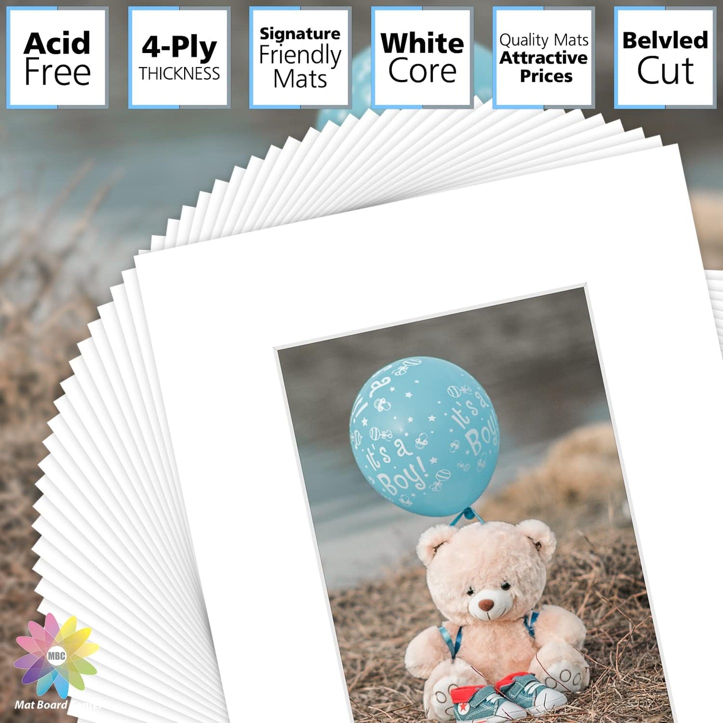 Mat Board Center, Pack of 50, 8x10 for 5x7 White Picture Mat Sets - Acid Free, 4-ply Thickness, Bevel Pre-Cut White Core - Includes Backing Boards and Clear Bags - for Pictures, Photos, Framing