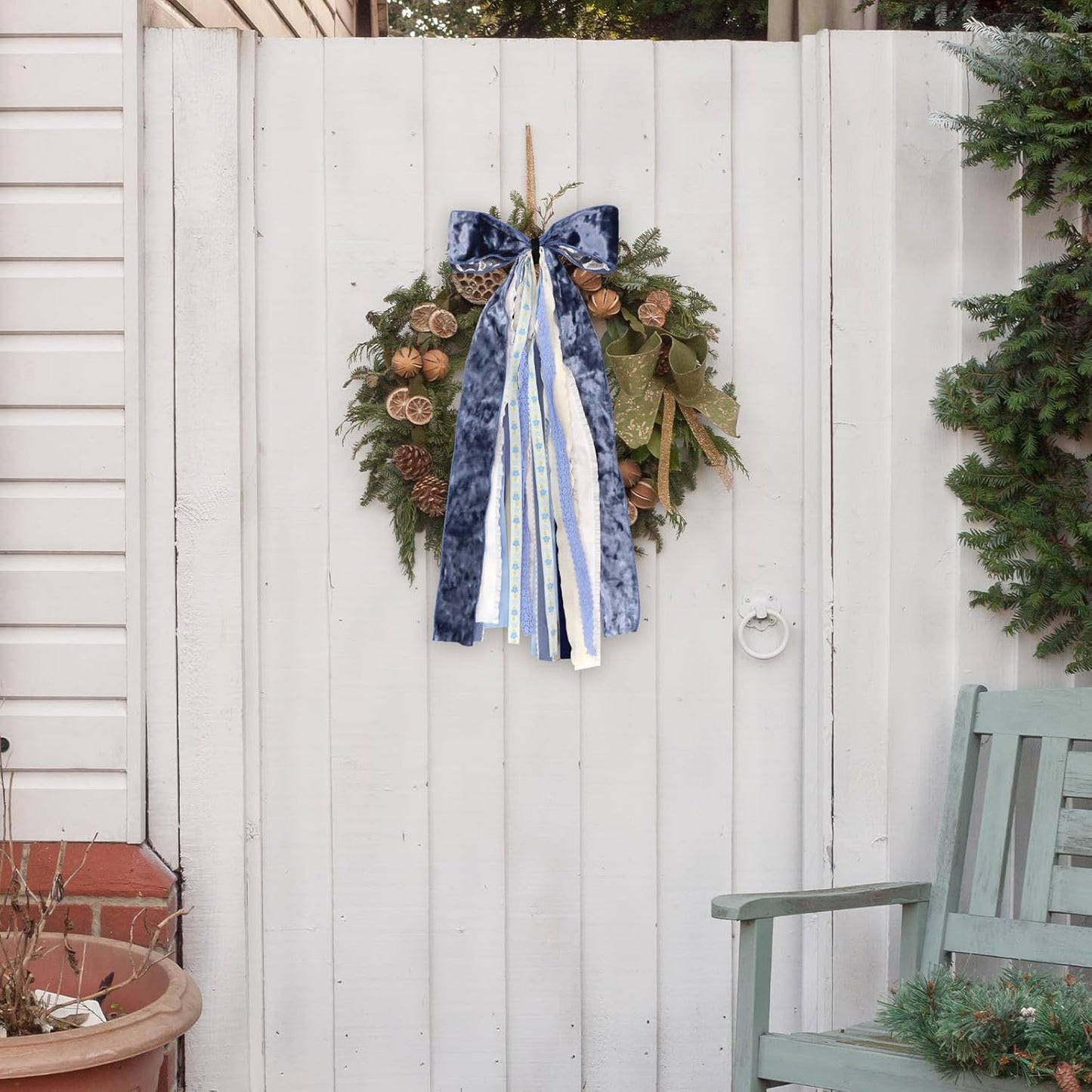 Large Blue Velvet Ribbon Bow for Wreath, Vintage Solid Fabric Ribbons Set Assorted Lace Ribbons Blue White Clip-On Wreath Sash Ribbon Bundle for Winter Christmas Home Indoor Outdoor Decor