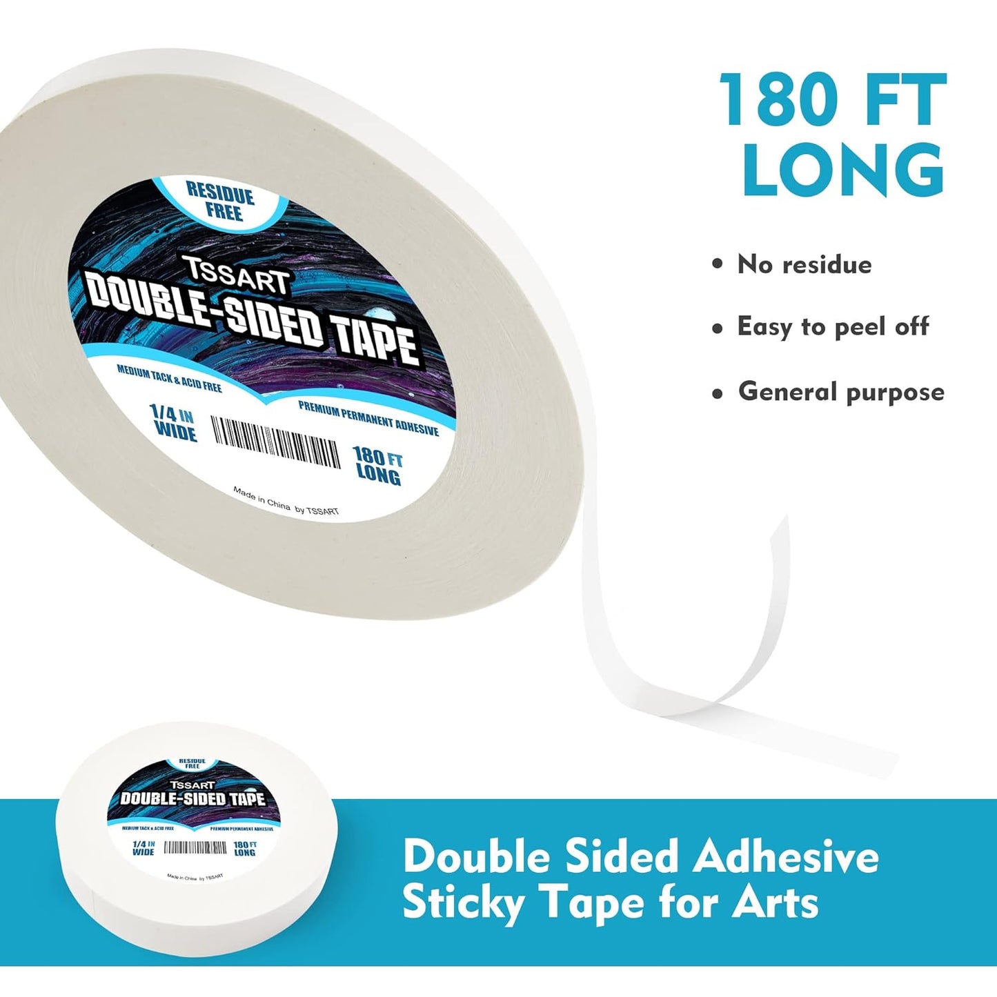 Ultra-Thin Permanent Double-Sided Tape - Double Sided Adhesive Sticky Tape for Arts, Crafts, Photography, Scrapbooking, Tear-by-Hand - Acid Free 1/4 Inch Wide 180FT Long