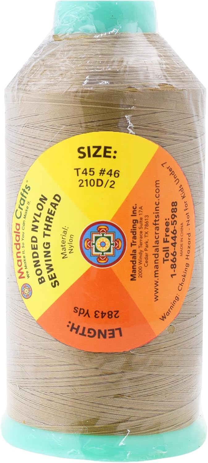 Mandala Crafts Bonded Nylon Thread Khaki Heavy Duty Sewing Threads - 2843 YDs Size 46 210D T45 Tex 45 Thread for Leather Jeans Weaving Outdoor Marine Upholstery Threads