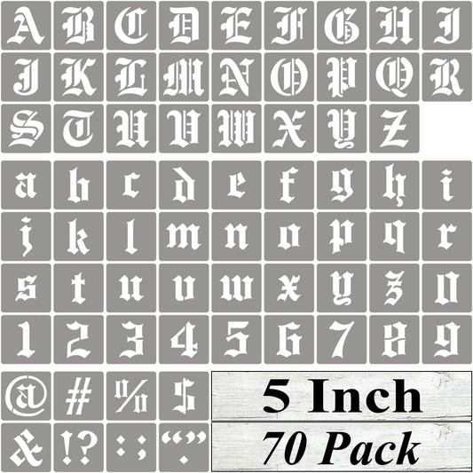 5 Inch Alphabet Letter Stencils for Painting - 70 Pack Old English Letter Stencil Templates with Numbers and Signs for Painting on Wood, Reusable Letters Stencils for Chalkboard Wood Signs & Wall Art