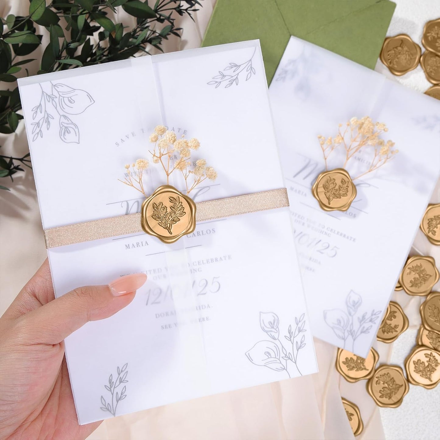 UNIQOOO 50 Sets Pre-Folded Vellum Jackets for 5x7 Invitation & Gold Eucalyptus Wax Seal Stickers, Wedding Invitations Wraps Bulk for Wedding Bridal Baby Shower Envelopes