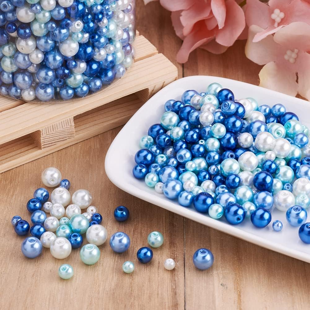 1840Pcs 4/6/8mm Glass Pearl Beads Multi Colors Round Spacer Pearlized Beads for DIY Craft Jewelry Making, Mixed Blue & White