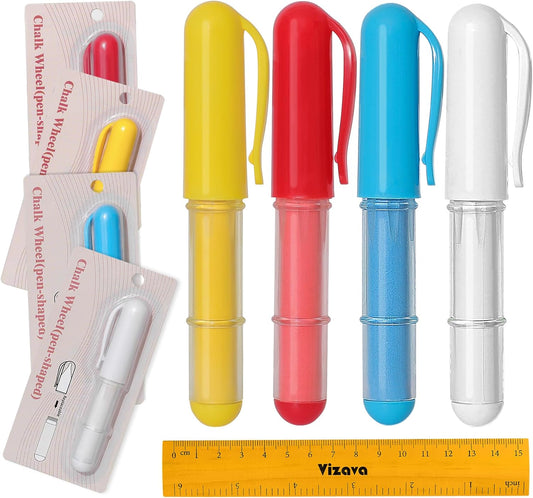 Fabric Chalk Markers for Sewing,Quilting,Crafting|Erasable Tailor Chalk|Work on Various Fabrics|Dosing Wheel Drawing Intricate Patterns Precise Lines-Per Pack(Red,Yellow,Blue,White and 1Ruler)