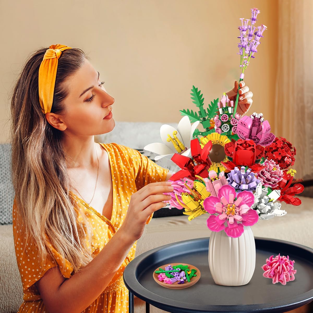 Flower Bouquet Building Set, 1464 PCS Botanical Collection Building Block Toy, 18 Flowers Rose Sunflower Home Plant Decor, Birthday Gifts for Adults Women Boys Girls 8-12+