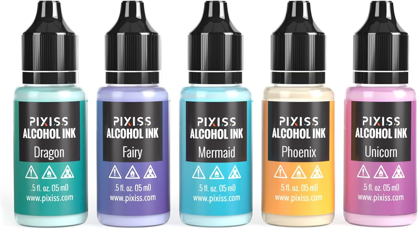 Pixiss Iridescent Color Changing Alcohol Ink Set - 5 Shades of Alcohol Ink for Epoxy Resin Supplies, Yupo Paper, Tumblers, Coasters - Resin Colorant for Epoxy Resin and Resin Art Supplies