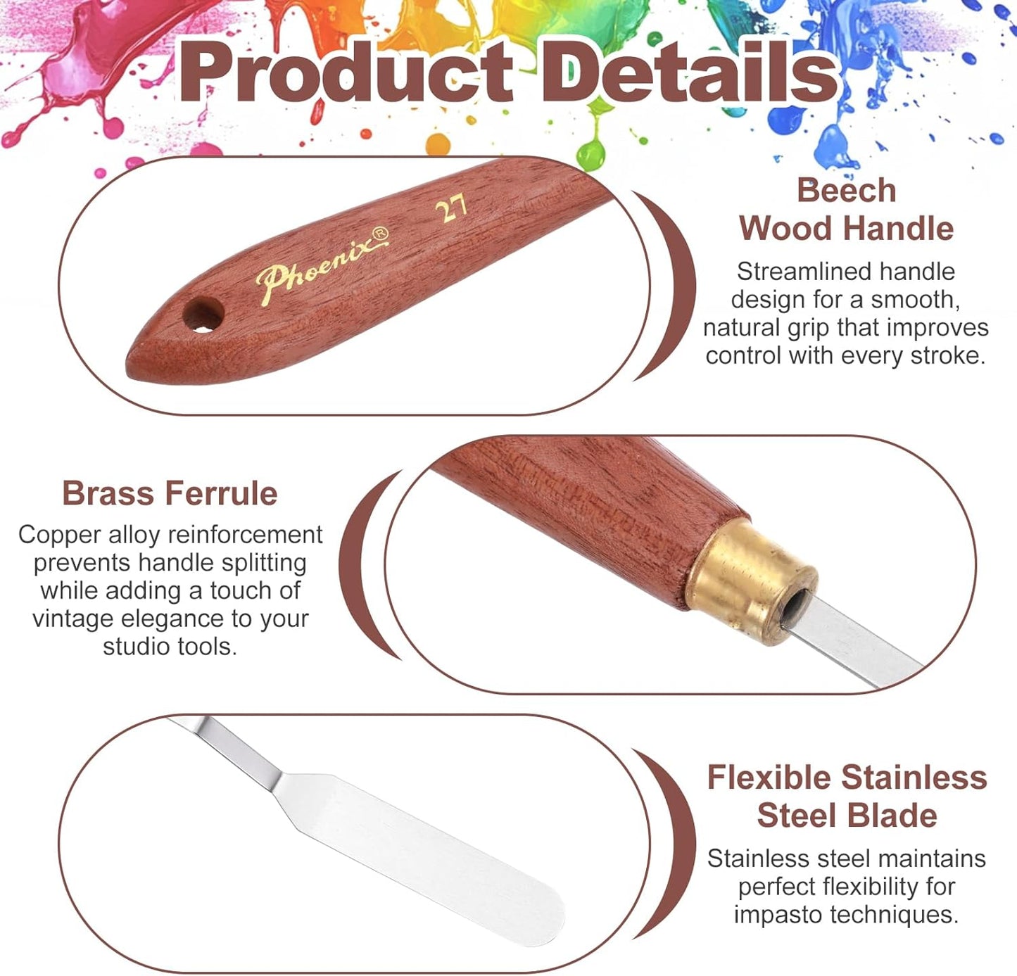 MECCANIXITY Pack of 1 Palette Knife No.27, 8.3" Long Palette Knives with Stainless Steel Flexible Spatula Pallet Knife and Wood Handle for Scraping, Mixing, Oil Acrylic Painting Canvas