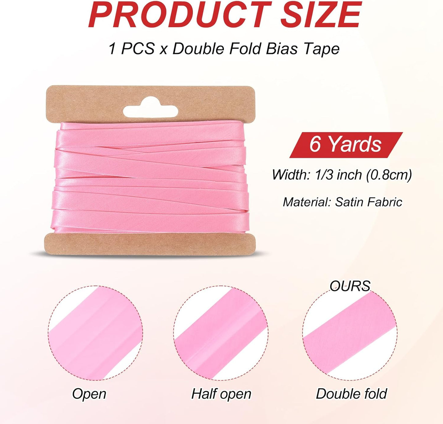 MECCANIXITY Double Fold Bias Tape for Sewing 1/3 Inch x 6 Yards Satin Pre-fold Continuous Binding Tape for Seaming Quilting Hemming Binding DIY Crafts, Pink