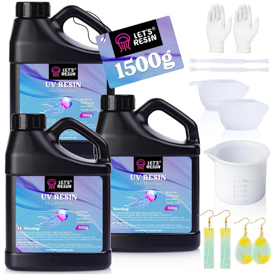 LET'S RESIN UV Resin, 1500g Odorless, Low Shrinkage, Clear Ultraviolet Epoxy Resin with Silicone Measuring Cups, for Jewelry, Molds, Craft Decoration