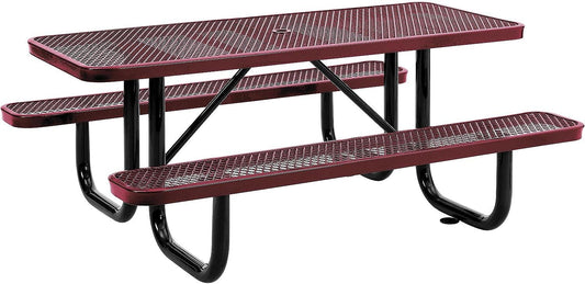 Global Industrial 6’L Rectangular Picnic Table, Expanded Metal, Red Thermoplastic Coating, Attached Benches, 1-1/2” Umbrella Pole Hole, Outdoor-Rated, 1000 lb Capacity, 72” x 30” Tabletop