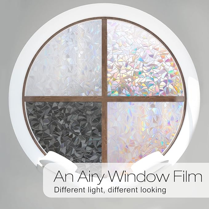 rabbitgoo Window Privacy Film Rainbow Film Decorative Window Sticker, 3D Static Stained Glass Cling Tint for Home Heat Control Non-Adhesive, 17.5 x 157.5 inches