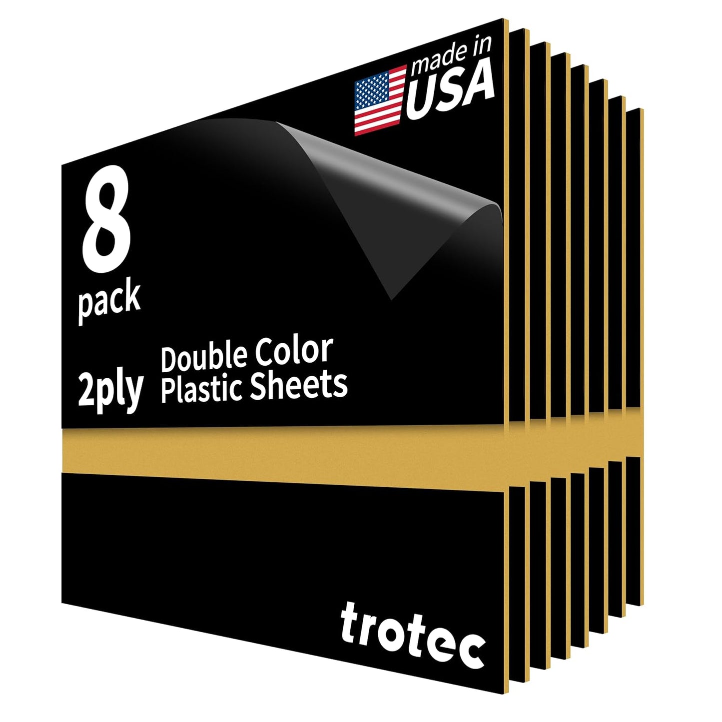 Trotec TroLase | 12"x12"x1/16", 8 Pcs | Black/Gold | 2 Ply | Modified Acrylic | Laser Engraving Double Color Plastic Sheet | Engraving Blanks for Laser, Saw, Guillotine | Made in USA