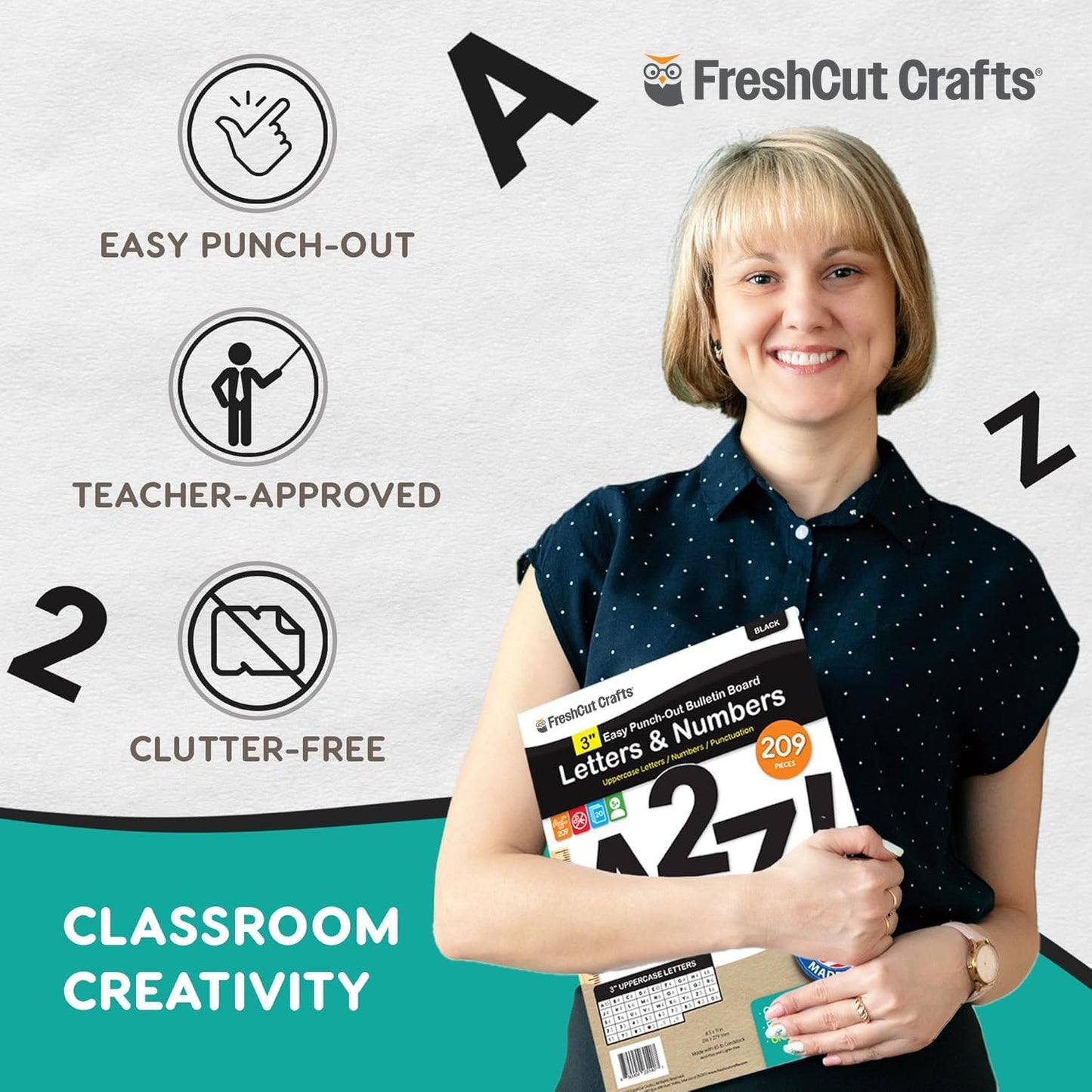 209 Pcs 3" Black Bulletin Board Letters & Numbers, Capital Letters, Numbers, Punctuation, US Made Card Stock Punch Out Letters for Poster, Bulletin Board, Classroom - Precut Letters & Numbers