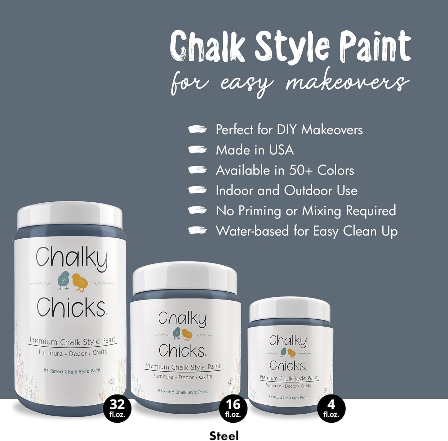 Chalky Chicks All-in-One Chalk Paint for Furniture or Cabinet - 32 Fl Oz - Matte Finish Blue Steel (Blue Gray) for Metal, Wood Furniture Paint - No Sanding All-in-One for Home Decor & Crafts, USA Made