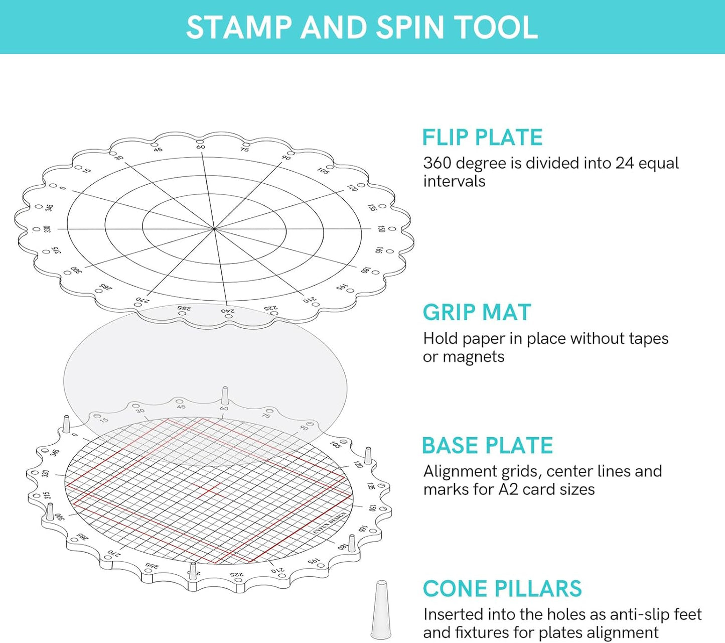 CYFUN DESIGN 9.5inch/24cm Rotating Stamping Platform Stamp & Spin Tool for Stamping Circular Designs Stamping Positioning Tool with Lines for Scrapbooking Crafts Card Making Arts Supplies