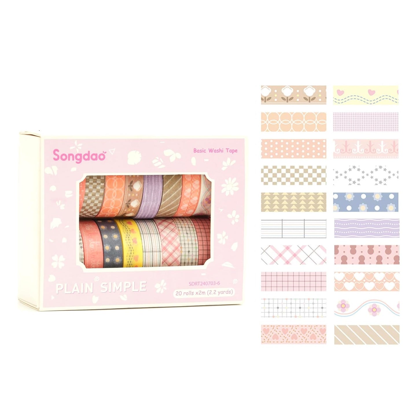 20 Rolls Basic Washi Tape Set Japanese Arts Adhesive Tapes Simple Patterns Decorative Masking Tape Sets for Craft, Kids, Scrapbook, DIY, Gift Wrapping (Style Six)