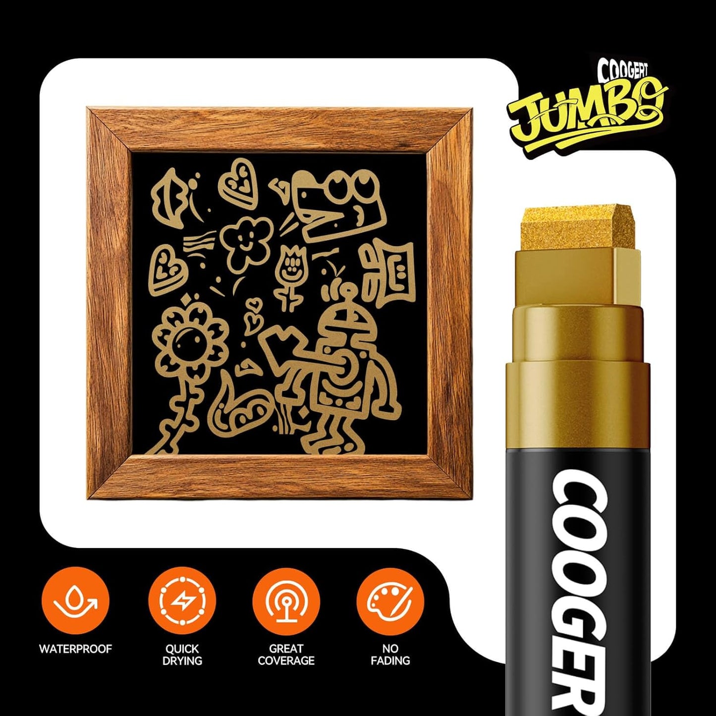 3Pcs Gold Jumbo Poster Markers, 15MM Thick Permanent Acrylic Graffiti Markers, Wide Tip Paint Marker for Canvas, Posters Board, Fabric, Window, Glass, Wood, Teachers,Banner painting supplies