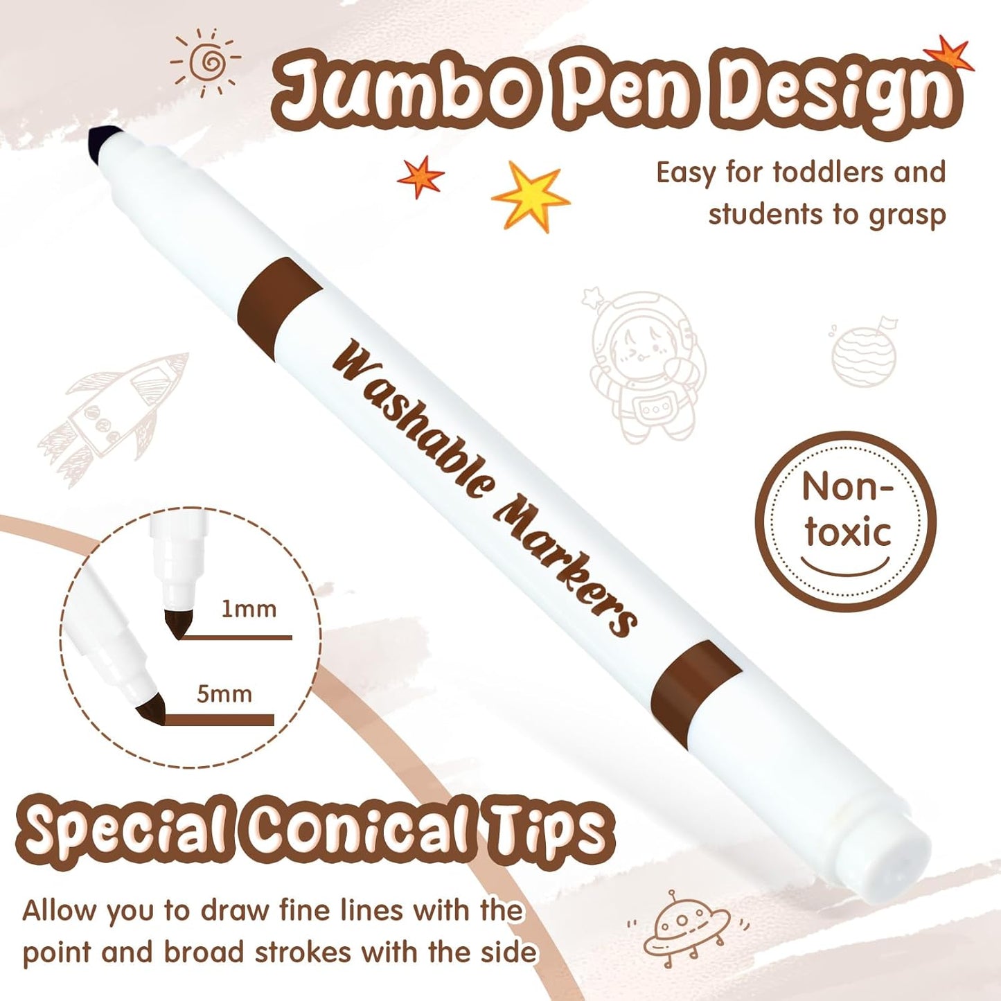 18 Pcs Line Washable Markers Bulk Brown Fine Tip Markers Set Coloring Thin Tip Drawing Washable Pen for Kids Toddler Teacher Art School Classroom Back to School Gender Reveal Party Supplies,Ages 6+