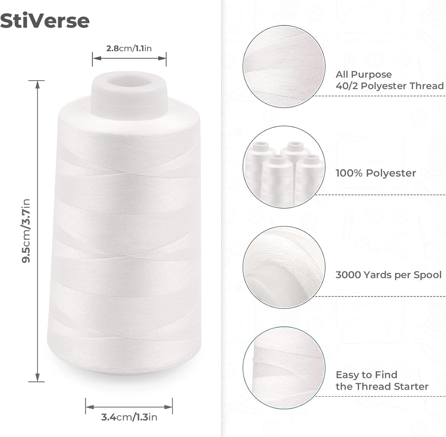 Serger Thread 4 Cones 3000 Yards Each Spool All Purpose Polyester Thread 40S/2 for Sewing, Serger, Overlock, Quilting, Piecing - Black+White