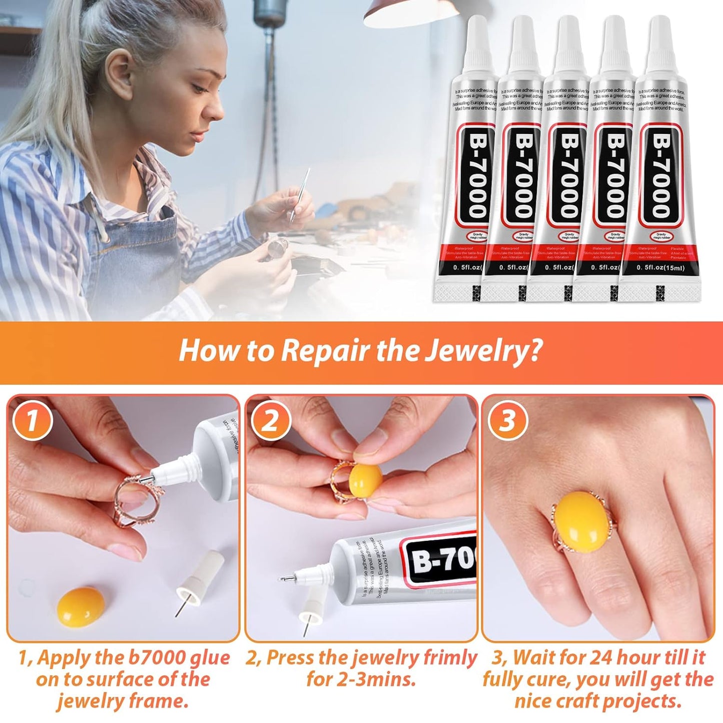 B7000 Clear Adhesive with Precision Tips, 5 PCS B-7000 Jewelry Bead Glue for Diamond Rhinestone Applicator Tools Set - Strength Adhesive for Nail Art DIY Crafts Clothes Shoes Bags
