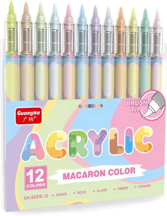Guangna 12 Macaron Acrylic Paint Markers Set, Brush Tip Acrylic Paint Pens for Rock Painting, Wood, Glass, Paper, Coloring Book, Ceramic, Canvas, DIY Crafts, Water-Based Ink