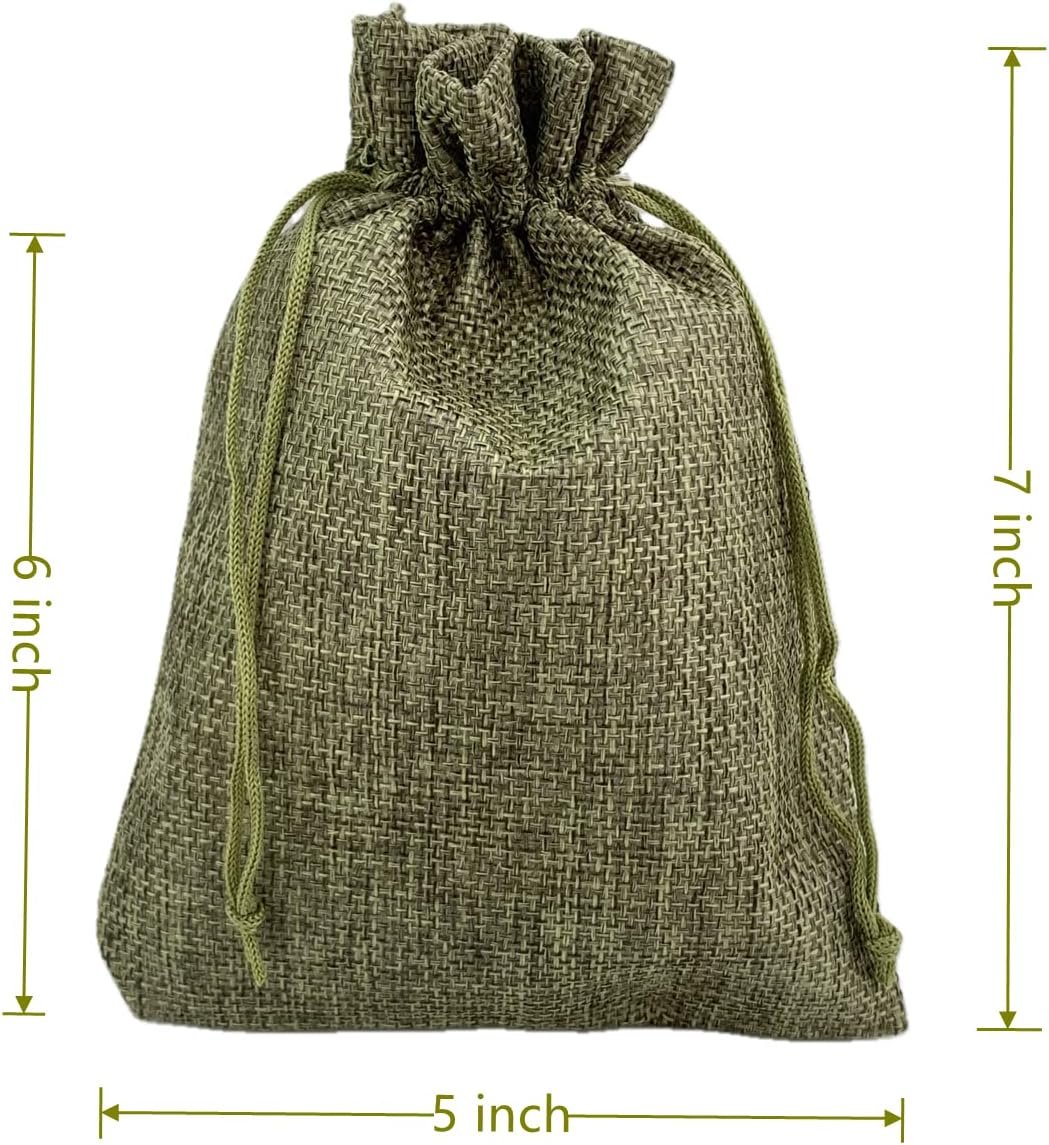 Palmhomee Pack of 25 Burlap Gift Bags with Drawstring Linen Pouches for Wedding, Birthday, Party, Bridal Shower (5x7 Inch, Moss Green)