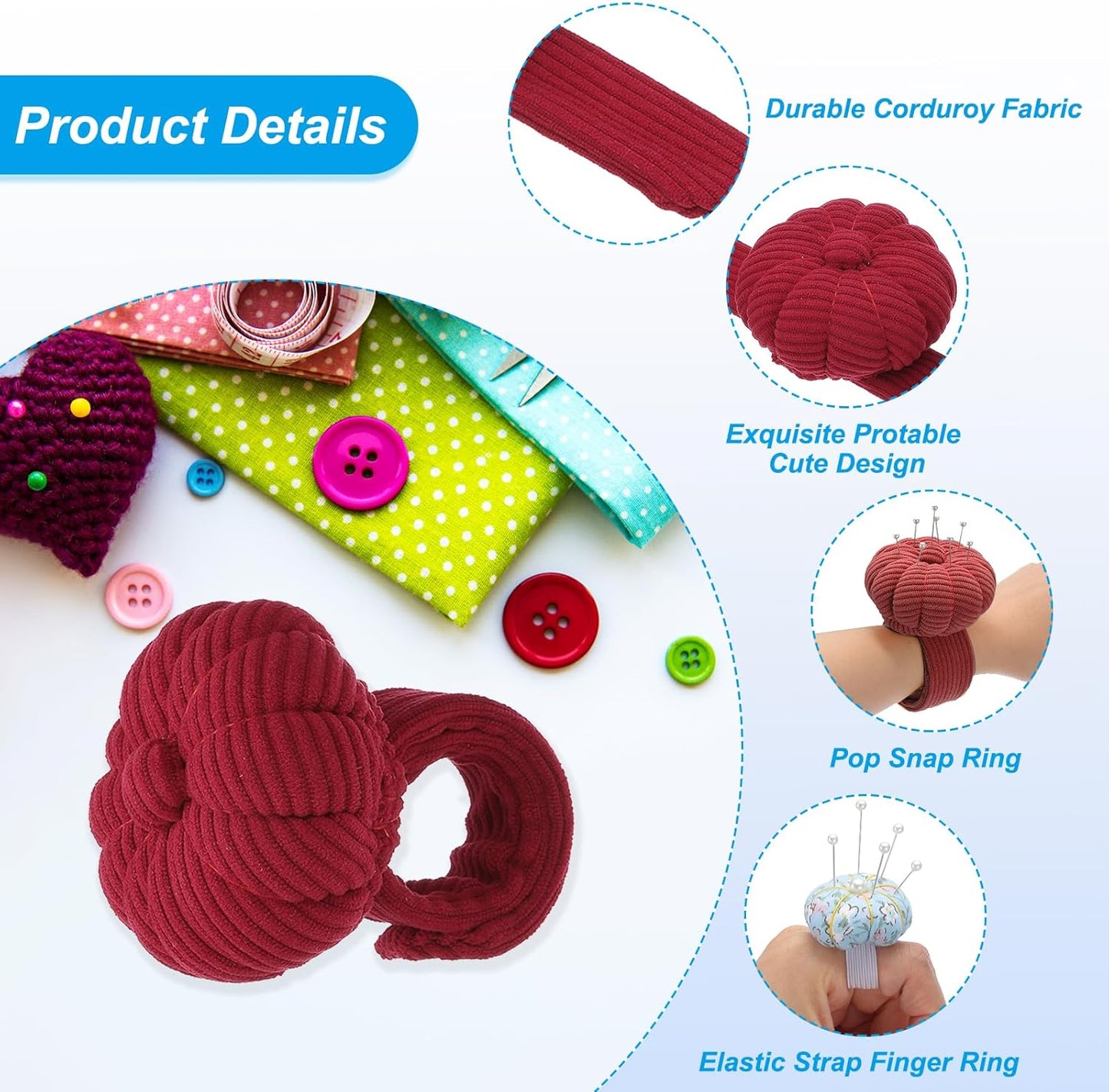 PATIKIL Wrist Pumpkin Pin Cushion, Snap Pin Cushion with Elastic Strap Ring Portable Embroidery Needle Pin Storage for Hand Craft Knitting, Red