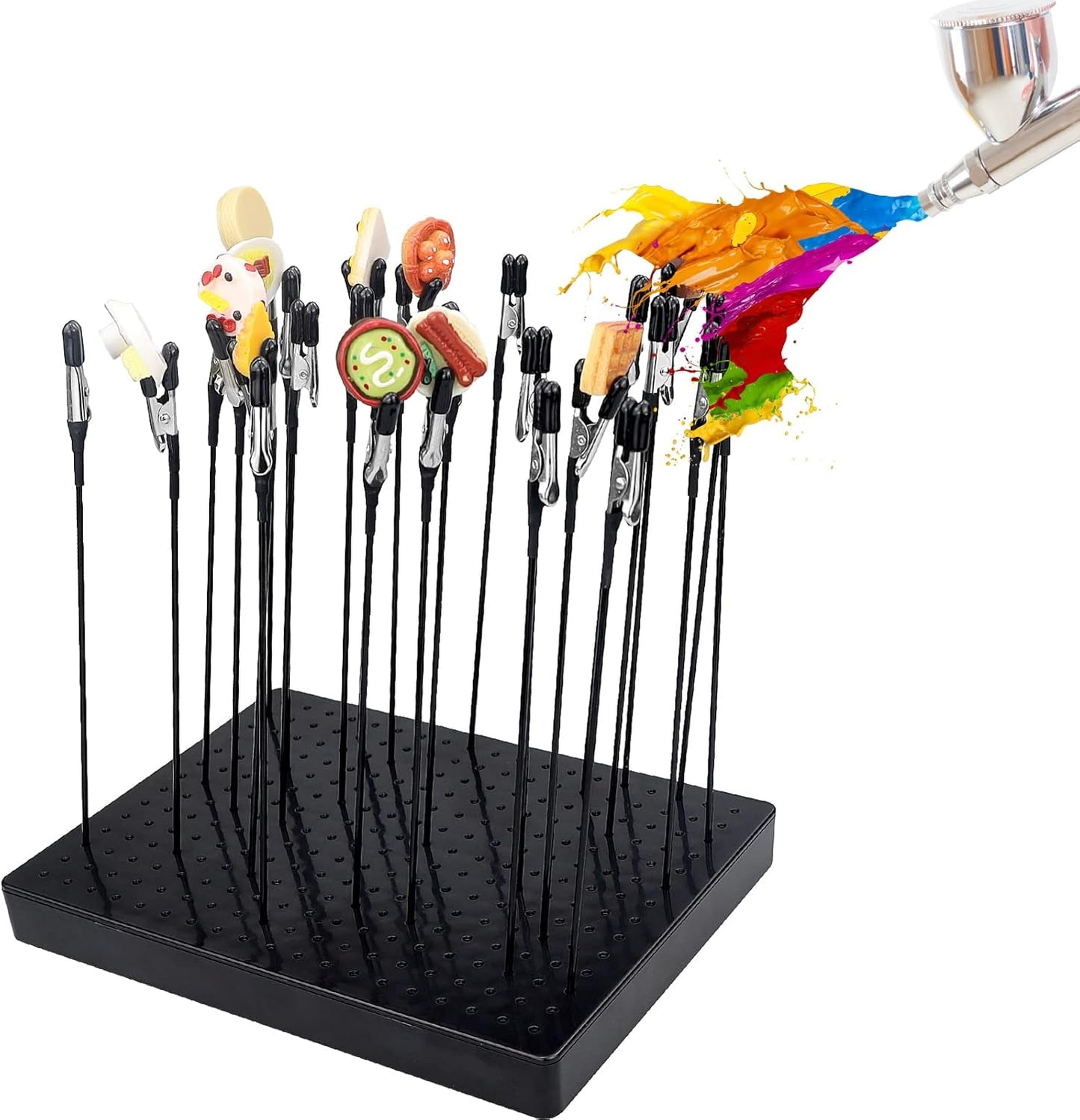 LAMXD Model Painting Stand Base (19 x 14 Holes) and 26PCS Alligator Clip Sticks Set (with Rubber Tips) Modeling Tools for Airbrush Spray, for Model Parts Holder (7.87 x 5.9Inch)