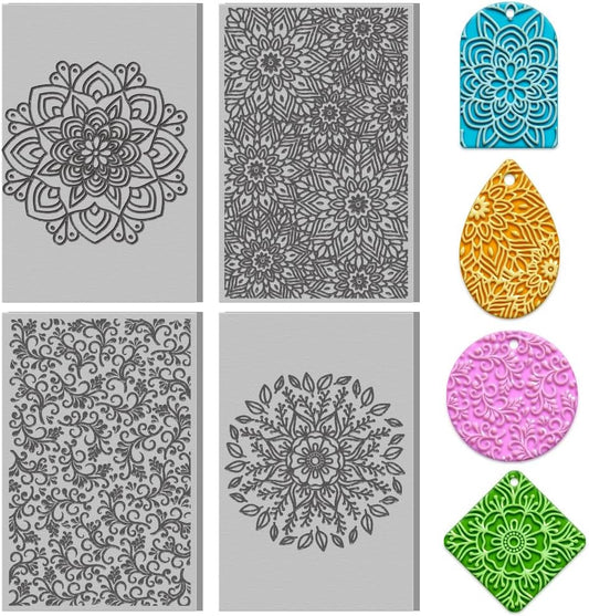 4PCS Polymer Clay Texture Sheets Set for Using with Clay Cutters Boho Clay Mat Effect as Texture Roller DIY Craft Tools Earing Jewelry Making