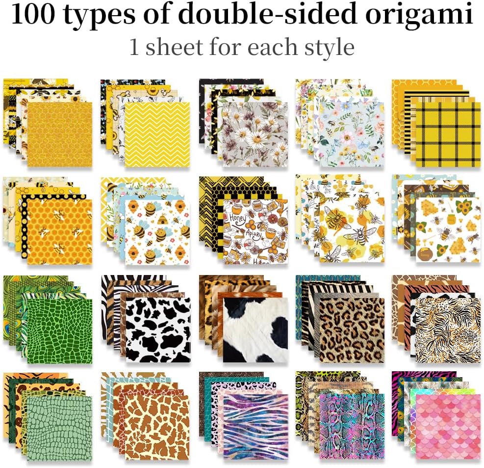Origami Paper Kit Dobule Sided 100 Sheets 100 Colors 6 Inch Japanese Chiyo Square Easy Fold Arts Crafts DIY Handwork Origami Papers Beginner Animal Fur Bee