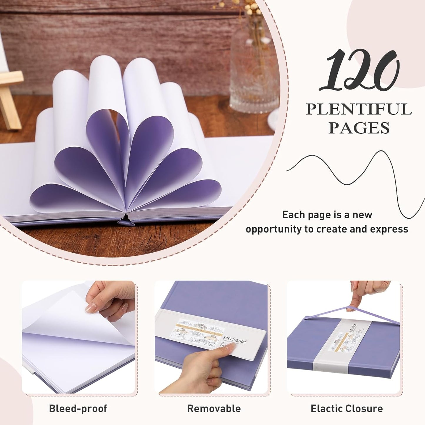 Moinchore Back to School Gifts Square Sketchbook 8 x 8 Inch Hardcover Art Sketch Book Drawing Papers 120 Pages, Mixed Media Journal Notebook with Elastic Closure Sketchbook for Drawing(Purple)