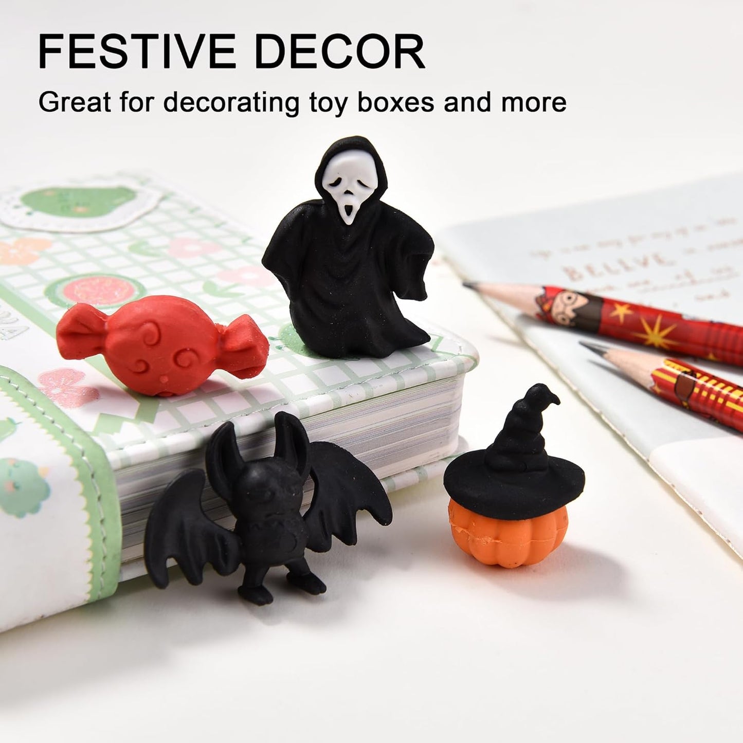 HILAZA 3D Halloween Erasers for Kids, 16Pcs Cute Pumpkin Ghost Bat Erasers Bulk for Goody Bag Filler Gifts Halloween Party Favors