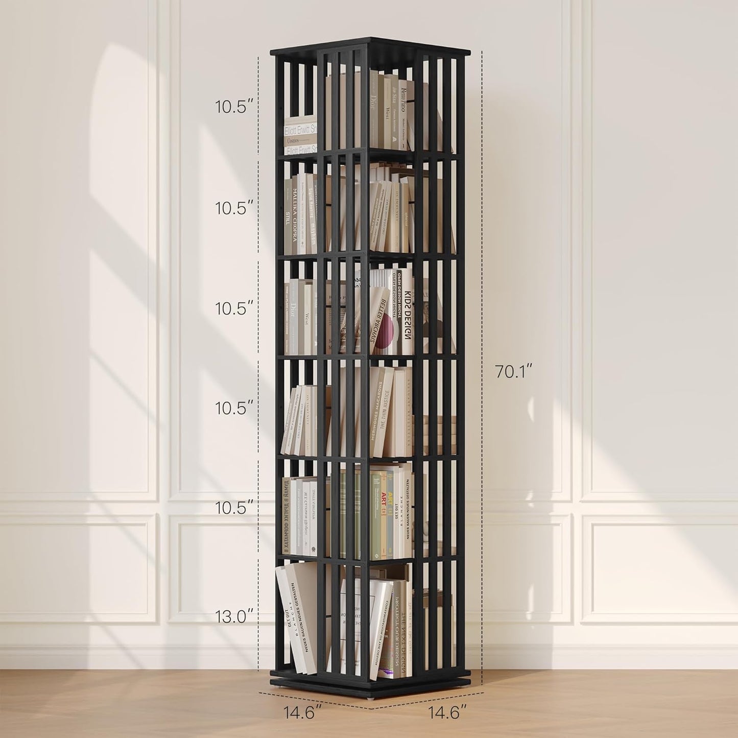 YOWOS Rotating Bookshelf Tower, 360 Display Spinning Bookcase, Bamboo Bookshelf Floor Standing Storage Rack, Wood Narrow Book Shelf Organizer for Kids&Adults (Black, 6 Tier)