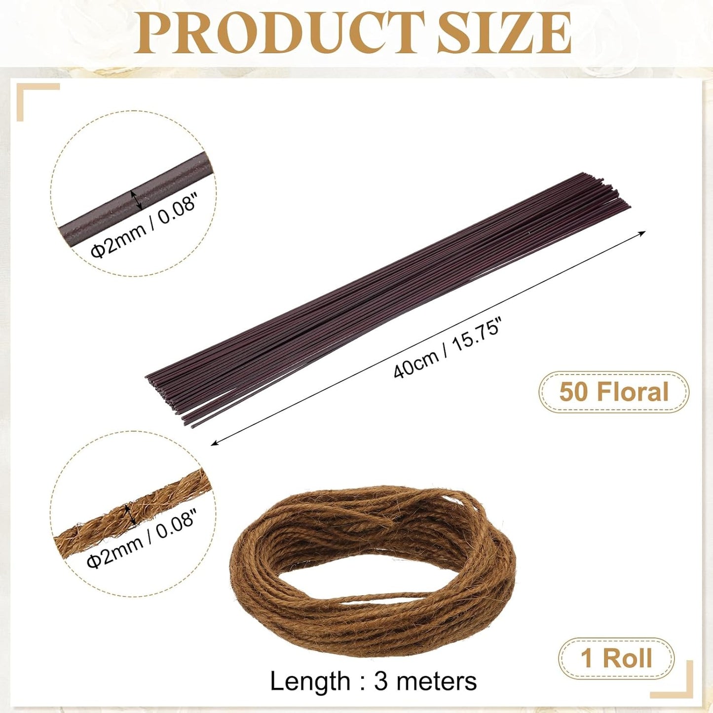 uxcell 50Pcs 2 Gauge Floral Wire, 15.75" Length Flower Stem Wires with 0.08" x 32.8ft Twine for Wreath Making, Flower Arrangement, Brown