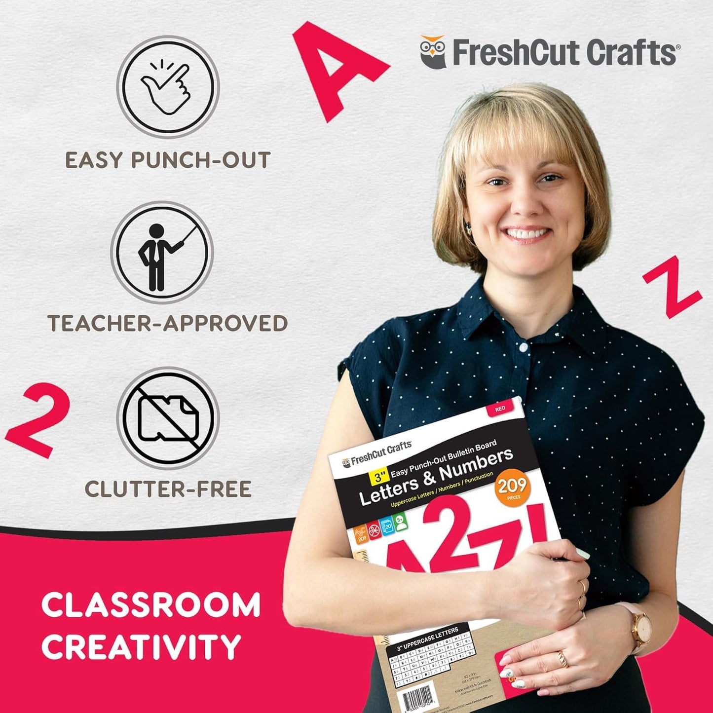 209 Pcs 3" Red Bulletin Board Letters & Numbers, Capital Letters, Numbers, Punctuation, US Made Card Stock Punch Out Letters for Poster, Bulletin Board, Classroom - Precut Letters & Numbers