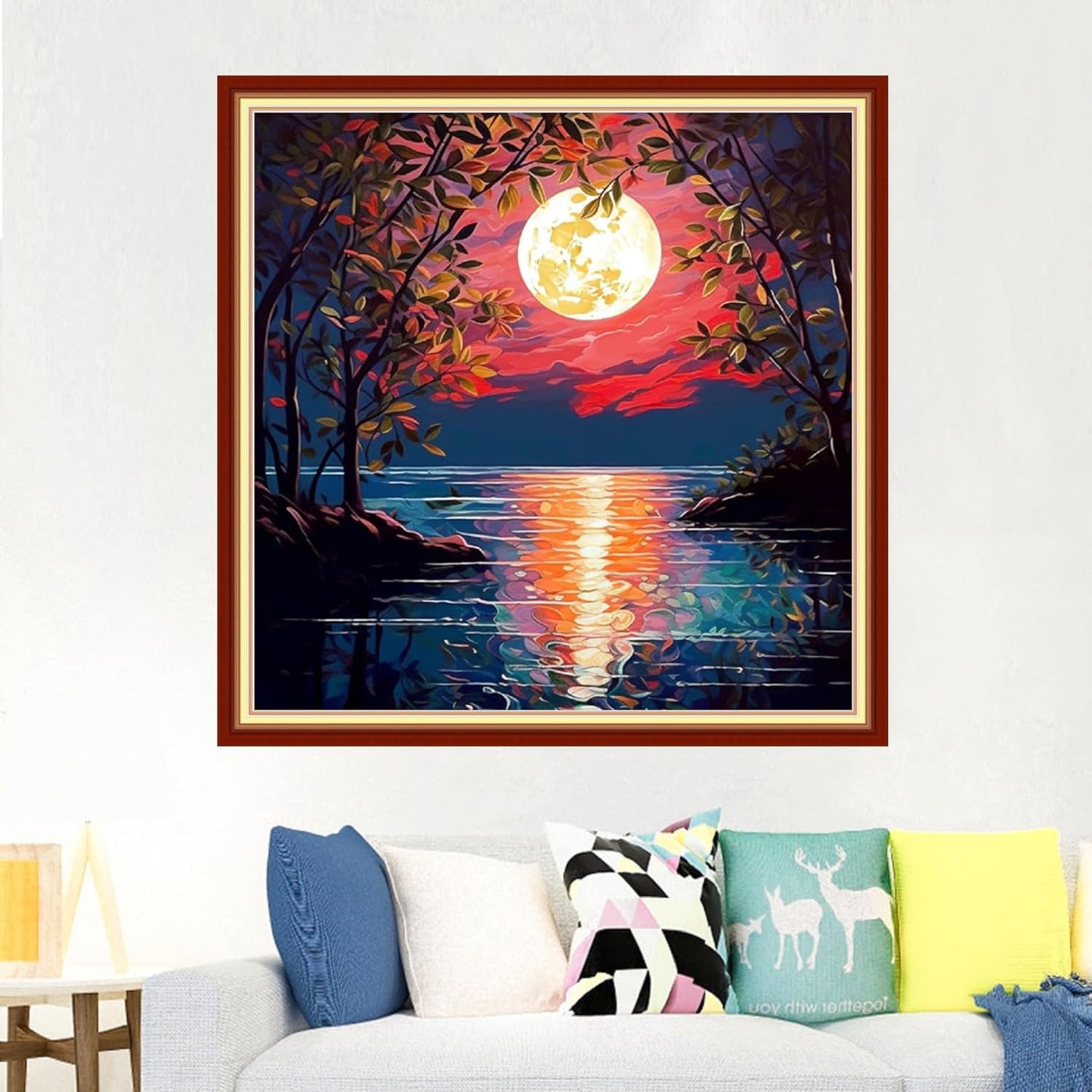 Foxdiviy Stamped Cross Stitch Kits Full Range of Embroidery Needlework Starter Kits for Beginners Adults 11CT Embroidery Patterns Art Crafts DIY Needlepoint Kits-Moonlight Scenery 18x18 inch