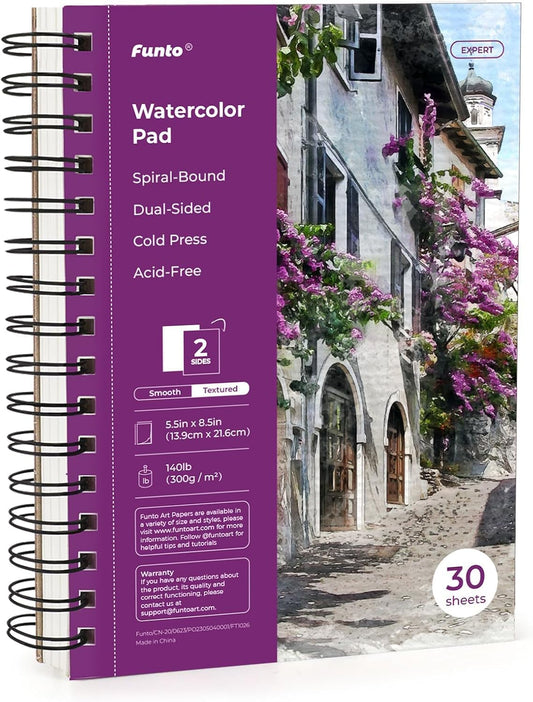 Funto Watercolor Pad 5.5x8.5, 30 Sheets, 140lb/300gsm, Double-Sided Cold Press, Spiral Bound, Heavyweight Paper for Watercolor Painting